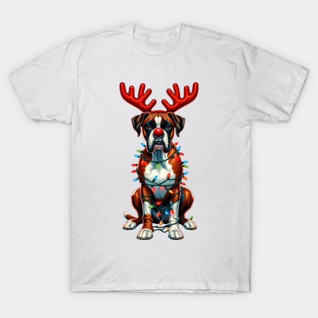 Christmas Red Nose Boxer Dog T-Shirt by Chromatic Fusion Studio